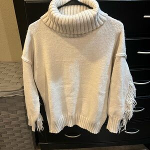 Cream Fringe Turtleneck Sweater